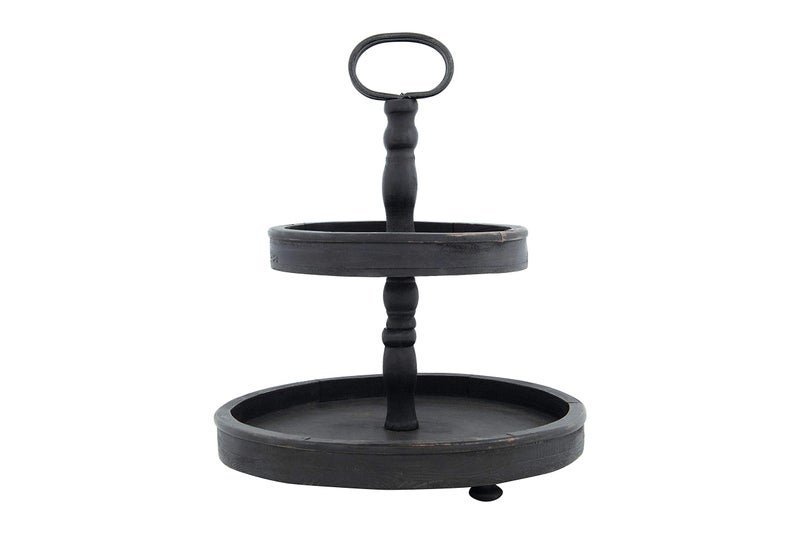 Creative Co-Op Distressed Blackwashed Wood 2-Tier Tray with Metal Handle - Image 1